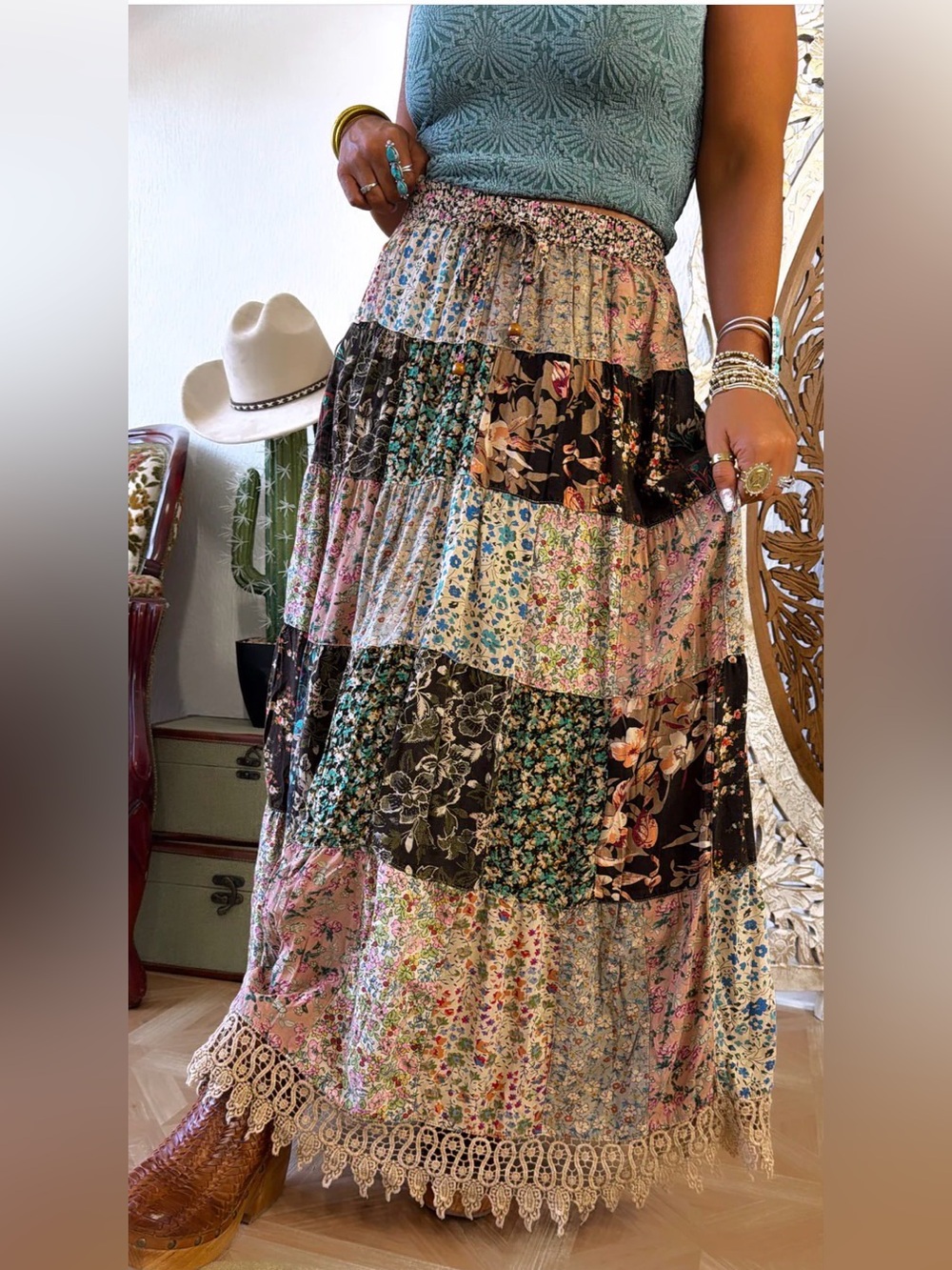 #1524 Young Threads Boho Patchwork Maxi Skirt in Multi-Color